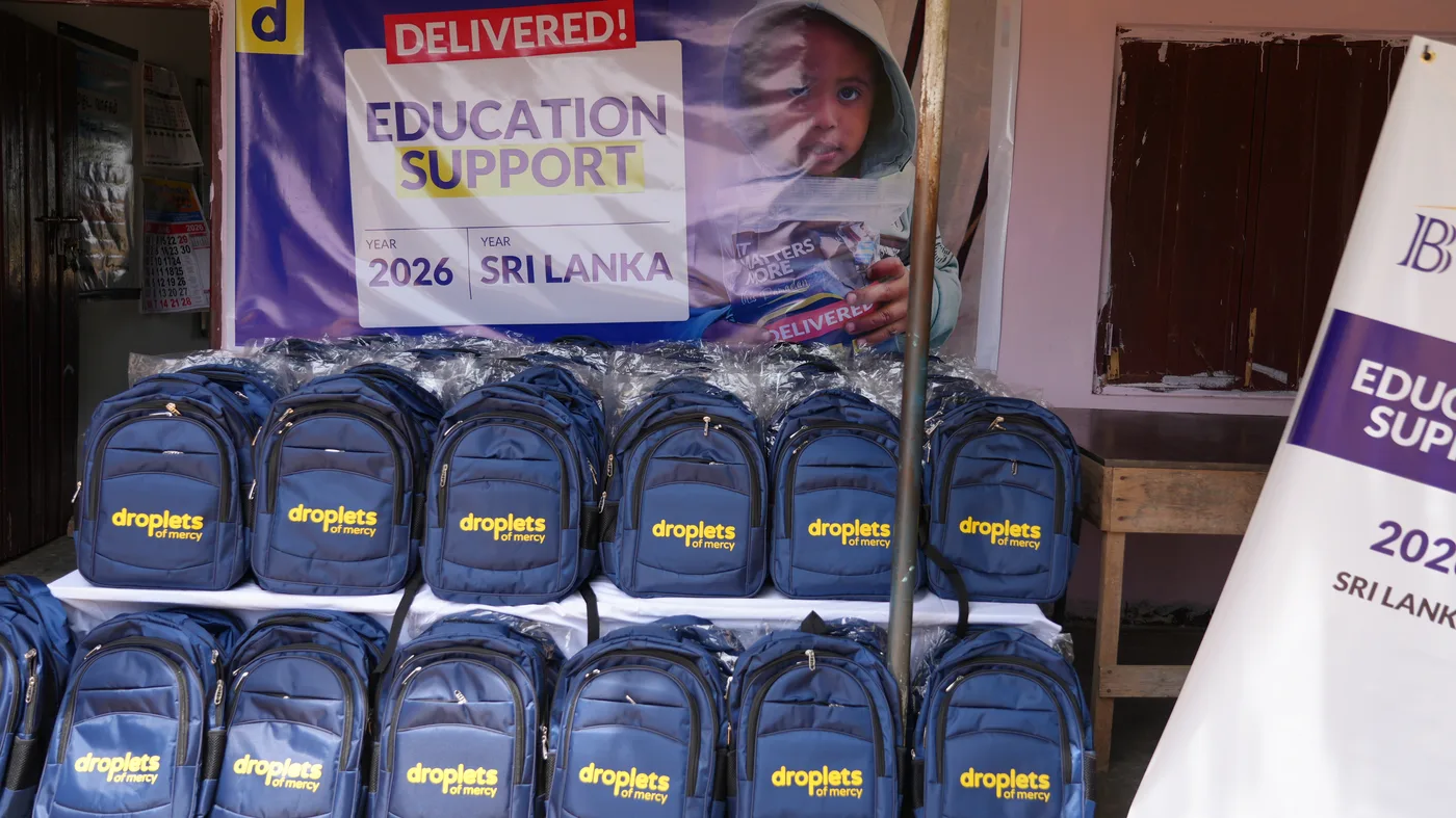 Droplets of Mercy branded school backpacks ready for distribution in Sri Lanka